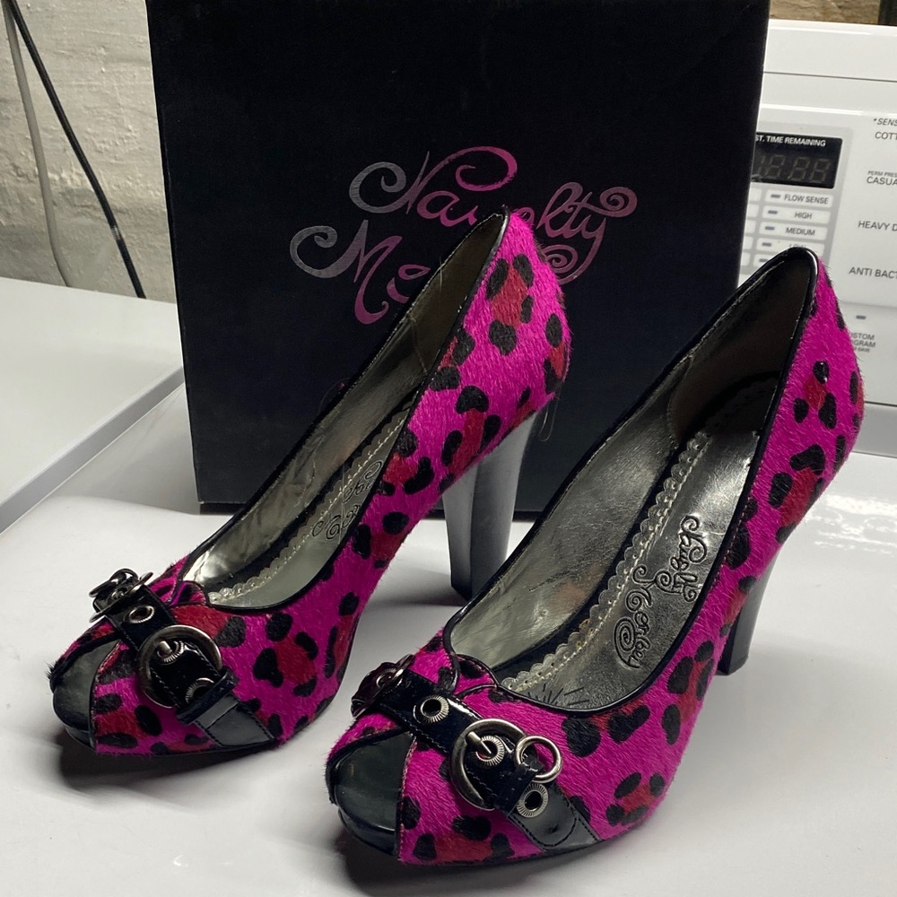 Naughty Monkey Fuchsia and Black pony hair leopard print Heels